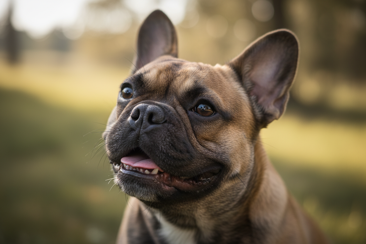 Image of a french bulldog. It should be a closeup of the face. Not a full body image. The head should be looking slightly off camera to the left of the screen. his eyes should be looking slightly off camera. The angle of the head should be tilted. The dog should be very happy. The lighting should be soft, but it should appear naturally like a real image that was taken of a dog that is happy and outside. The image should evoke a sense of "this is my family. this is my baby and I want want is best for them" 